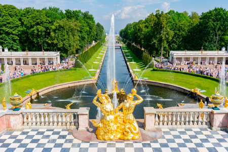 Saint Petersburg, Russia - June 2019: Grand Cascade and Fountains alley in Peterhofのeditorial素材