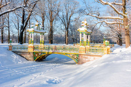 bridge in Alexander park in winter, Tsarskoe Selo, Saint Petersburg, Russiaの写真素材