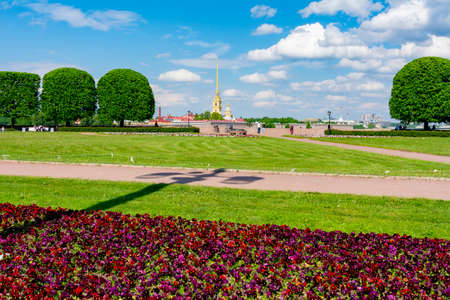 Strelka (Spit) of Vasilyevsky island with Peter and Paul Cathedral at background, Saint Petersburg, Russiaの写真素材