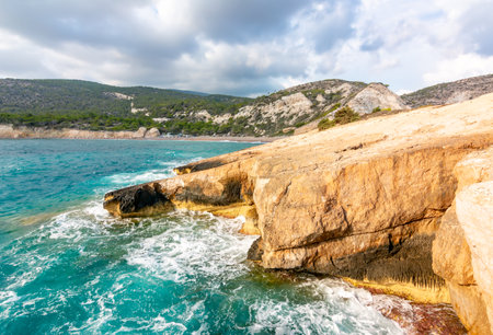Rocks at Fourni beach on Rhodes island, Greeceの写真素材