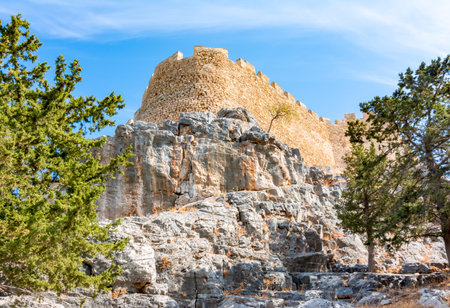 Lindos castle over old town, Rhodes island, Greeceのeditorial素材