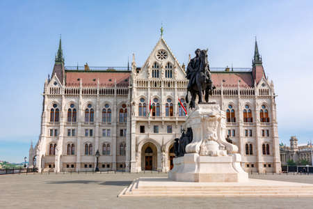 Hungarian Parliament building and statue of Gyvla Andrassy, Budapest, Hungaryの写真素材