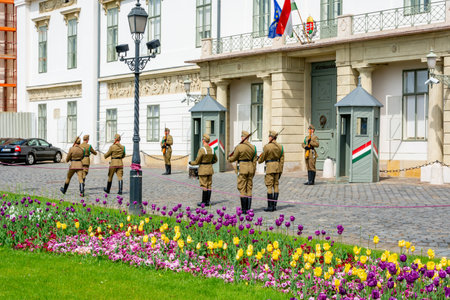 Budapest, Hungary - May 2019: Soldiers guarding residence of president of Hungaryのeditorial素材