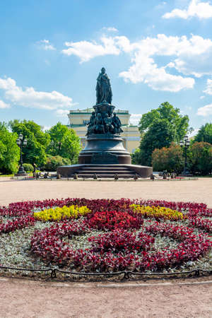 Catherine the Great monument with Alexandrinsky theater at background, Saint Petersburg, Russiaの写真素材