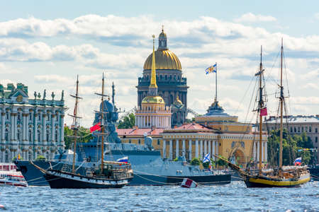 Ships on Neva river during Day of Russian Navy, Saint Petersburg, Russia