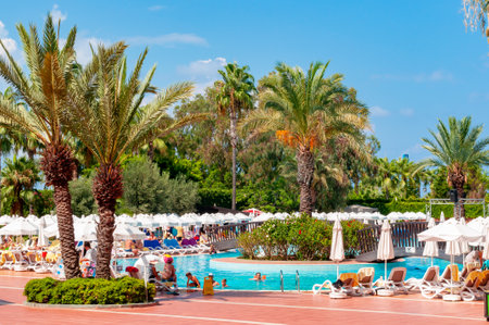 Antalya, Turkey - July 2019: Gardens and swimming pools of hotels in south Turkeyのeditorial素材