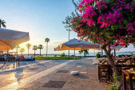 September 2021: Sea promenade in Side at sunsetの写真素材