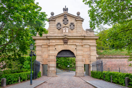 Entrance to garden of St. Peter and St. Paul basilica in Vysehrad (Upper Castle), Prague, Czech Republicのeditorial素材
