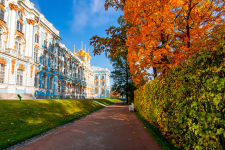 Catherine palace and park in autumn foliage, Tsarskoe Selo (Pushkin), Saint Petersburg, Russiaのeditorial素材