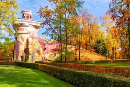 Ruin Tower in Catherine park in autumn, Tsarskoe Selo (Pushkin), St. Petersburg, Russiaのeditorial素材