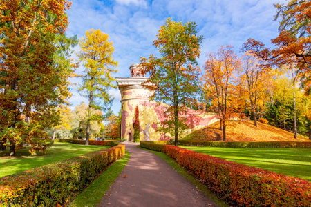 Ruin Tower in Catherine park in autumn, Tsarskoe Selo (Pushkin), St. Petersburg, Russiaのeditorial素材