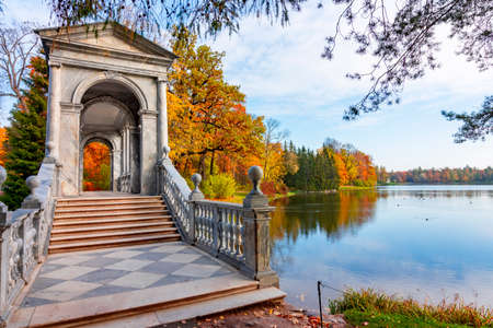Marble bridge and Grand pond in autumn in Catherine park, Pushkin (Tsarskoe Selo), Saint Petersburg, Russiaの写真素材