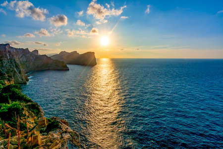 Sunset at sea on Formentor cape, Mallorca island, Spainの写真素材