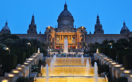Fountains at National Palace (Palau Nacional) at dusk, Barcelona, Spainのeditorial素材