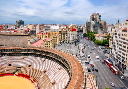 Valencia Arena (Plaza de Toros de Valencia) and cityscape, Spainのeditorial素材