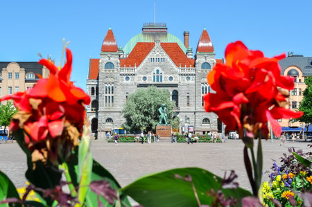 National theatre and statue of Aleksis Kivi on railway square, Helsinki, Finlandのeditorial素材