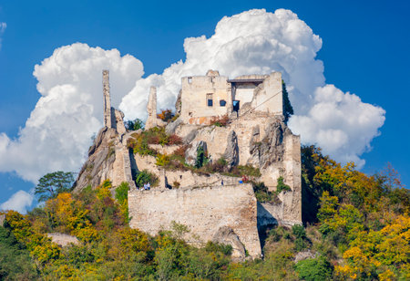 Ruins of Durnstein castle over Wachau valley, Austriaのeditorial素材