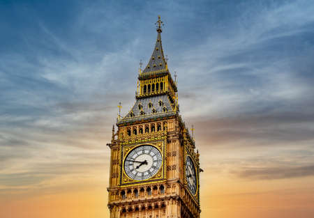 Clock of Big Ben tower at sunset, London, UKの写真素材