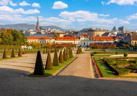 Vienna cityscape with Lower Belvedere palace and St. Stephen's cathedral, Austriaのeditorial素材