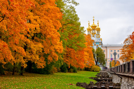 Resurrection church of Catherine palace in autumn, Tsarskoe Selo (Pushkin), St. Petersburg, Russiaのeditorial素材