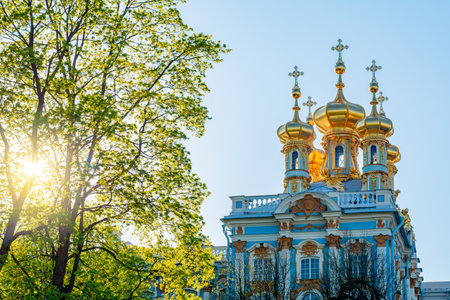 Resurrection church dome of Catherine palace in Tsarskoe Selo (Pushkin) at sunset, Saint Petersburg,...