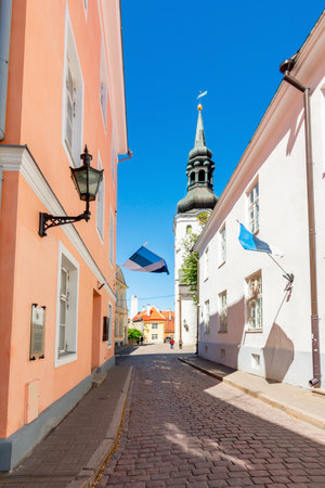 Streets of old town with St. Maryâs Cathedral (Dome Church), Tallinn, Estoniaのeditorial素材