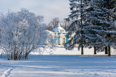 Grotto pavilion in Catherine park in winter, Tsarskoe Selo (Pushkin), Saint Petersburg, Russiaのeditorial素材