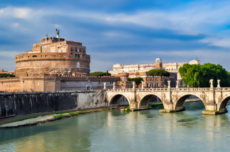 Castle of the Holy Angel (Castel Sant'Angelo) and St. Angel bridge (Ponte Sant'Angelo) over Tiber river, Rome, Italyのeditorial素材