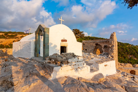 Monolithos castle church at sunset, Rhodes island, Greeceのeditorial素材