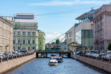 Saint Petersburg, Russia - June 2021: First and second stages of Mariinsky theater of opera and ballet divided by Kryukov canalのeditorial素材