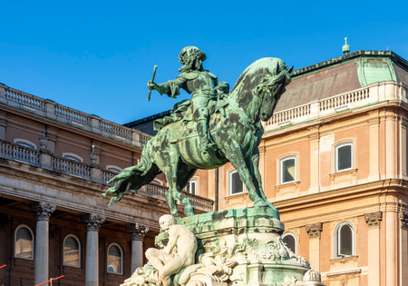 Royal palace of Buda and Prince Eugene of Savoy statue in Budapest, Hungaryのeditorial素材