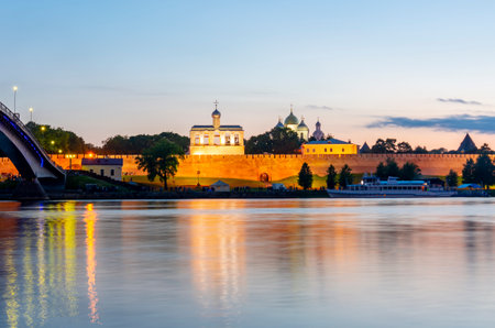 Great Novgorod Kremlin walls and domes at sunset, Russiaのeditorial素材