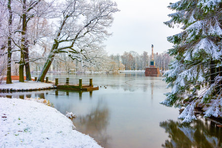 Grand pond in Catherine park in winter, Tsarskoe Selo (Pushkin), Saint Petersburg, Russiaのeditorial素材