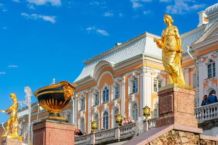 Saint Petersburg, Russia - June 2019: Grand Peterhof palace and cascade of fountainsのeditorial素材