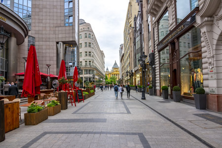 Budapest, Hungary - April 2018: Pedestrian street in center of Budapest