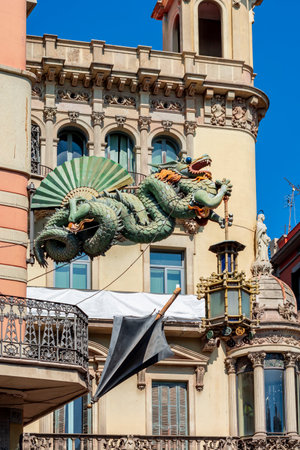 Umbrella House Dragon on La Rambla street in Barcelona, Spainのeditorial素材