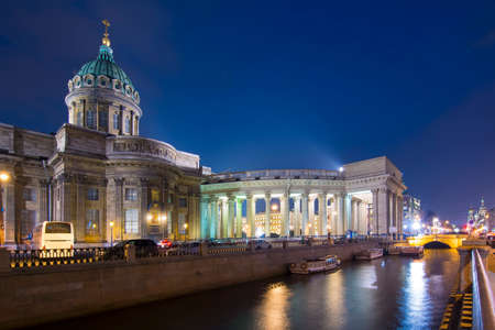 Kazan cathedral on Griboedov canal at night, Saint Petersburg, Russiaの写真素材