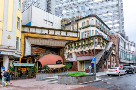 Moscow, Russia - May 2019: Georgian restaurant "Genatsvale" on Old Arbat streetのeditorial素材