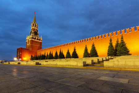 Red square with Spasskaya tower of Moscow Kremlin, Lenin Mausoleum and Senate palace at night, Russiaのeditorial素材