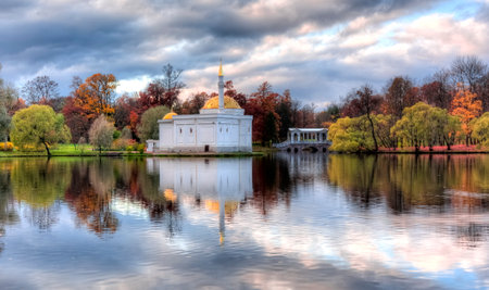 Turkish bath in Catherine park in fall, Pushkin (Tsarskoe Selo), St. Petersburg, Russiaのeditorial素材