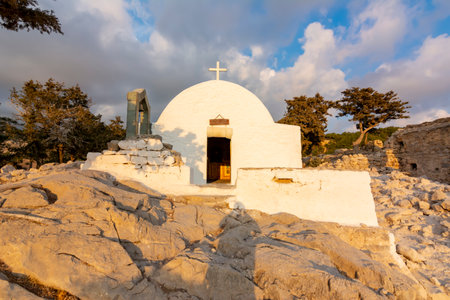 Monolithos castle church at sunset, Rhodes island, Greeceのeditorial素材