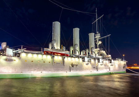 Aurora cruiser at night, St. Petersburg, Russiaのeditorial素材