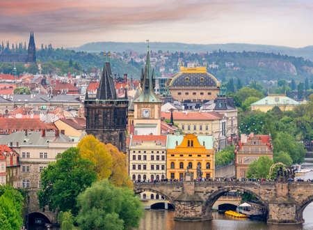Prague cityscape with old town bridge tower and Charles bridge, Czech Republicの写真素材