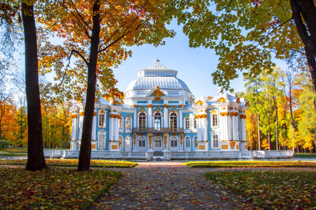 Hermitage pavilion in autumn foliage in Catherine park, Pushkin (Tsarskoe Selo), Saint Petersburg, Russiaのeditorial素材