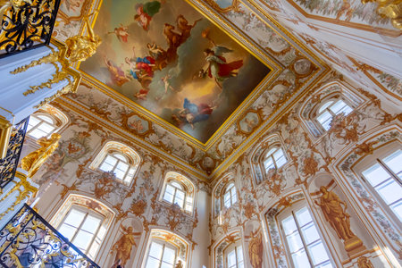 Saint Petersburg, Russia - March 2022: Decoration of Grand staircase of Peterhof palaceのeditorial素材