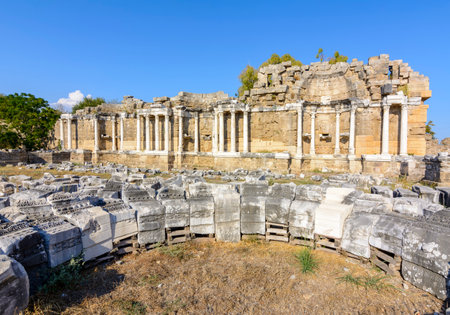 Ruins of Monumental Fountain (Nymphaeum) in ancient Side, Antalya, Turkeyのeditorial素材