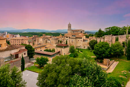 Girona Cathedral over old town walls, Spainの素材 [FY310186354237]