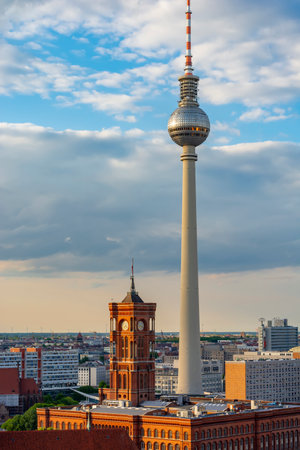 Television tower and Red Town Hall (Rotes Rathaus) on Alexanderplatz square, Berlin, Germanyのeditorial素材