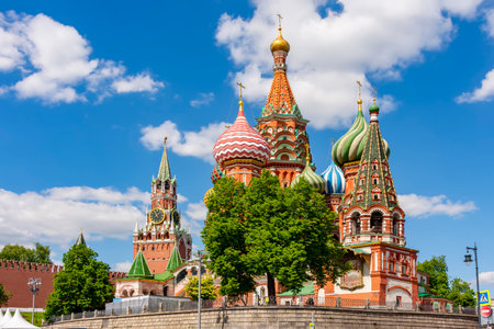 Cathedral of Vasily the Blessed (Saint Basil's Cathedral) and Spasskaya Tower on Red Square, Moscow, Russiaのeditorial素材