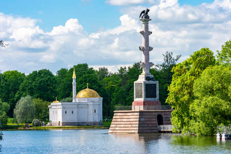 Turkish bath and Chesme column in Catherine park, Tsarskoe Selo (Pushkin), Saint Petersburg, Russiaの写真素材